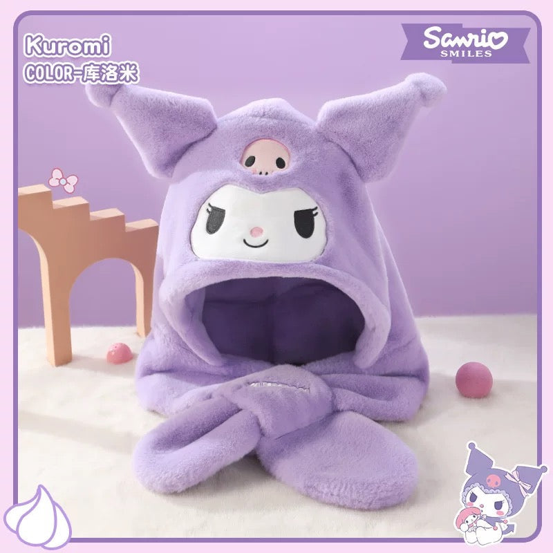 Sanrio Hat with Scarf Hat | Hello Kitty My Melody Kuromi Cinnamoroll Pochacco Hangyodon - Winter Warm Accessory Outfits KawaiiGiftLand