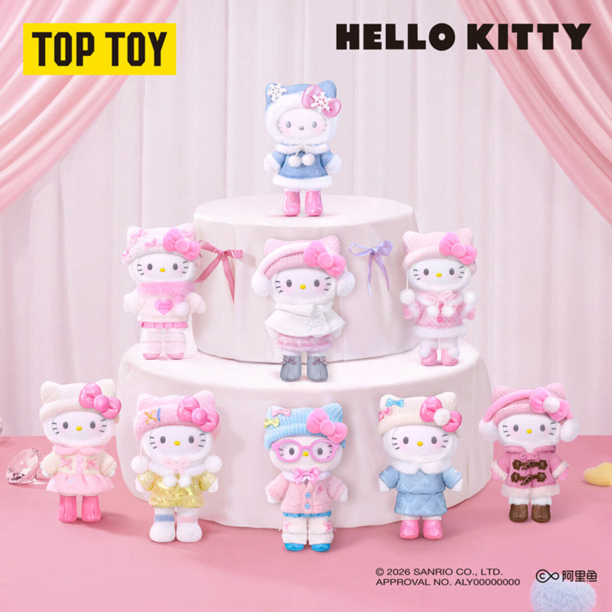 TOPTOY Hello Kitty Heartbeat Photoshoot Series plush pendant blind box - group shot of all 8 designs plus the secret figure