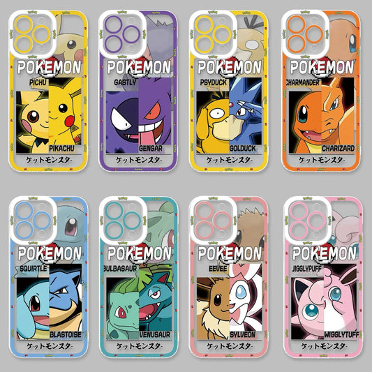 Japan Cartoon Pokemon Half Face Version | Pichu Pikachu Gastly Gengar Psyduck Golduck Charmander Charizard Squirtle Blastoise Bulbasaur Venusaur Eevee Sylveon Jigglypuff Wigglytuff - iPhone Case PLUS SE2 11 12 13 14 15 16 16e 17 17e Pro Promax 12mini 13mini