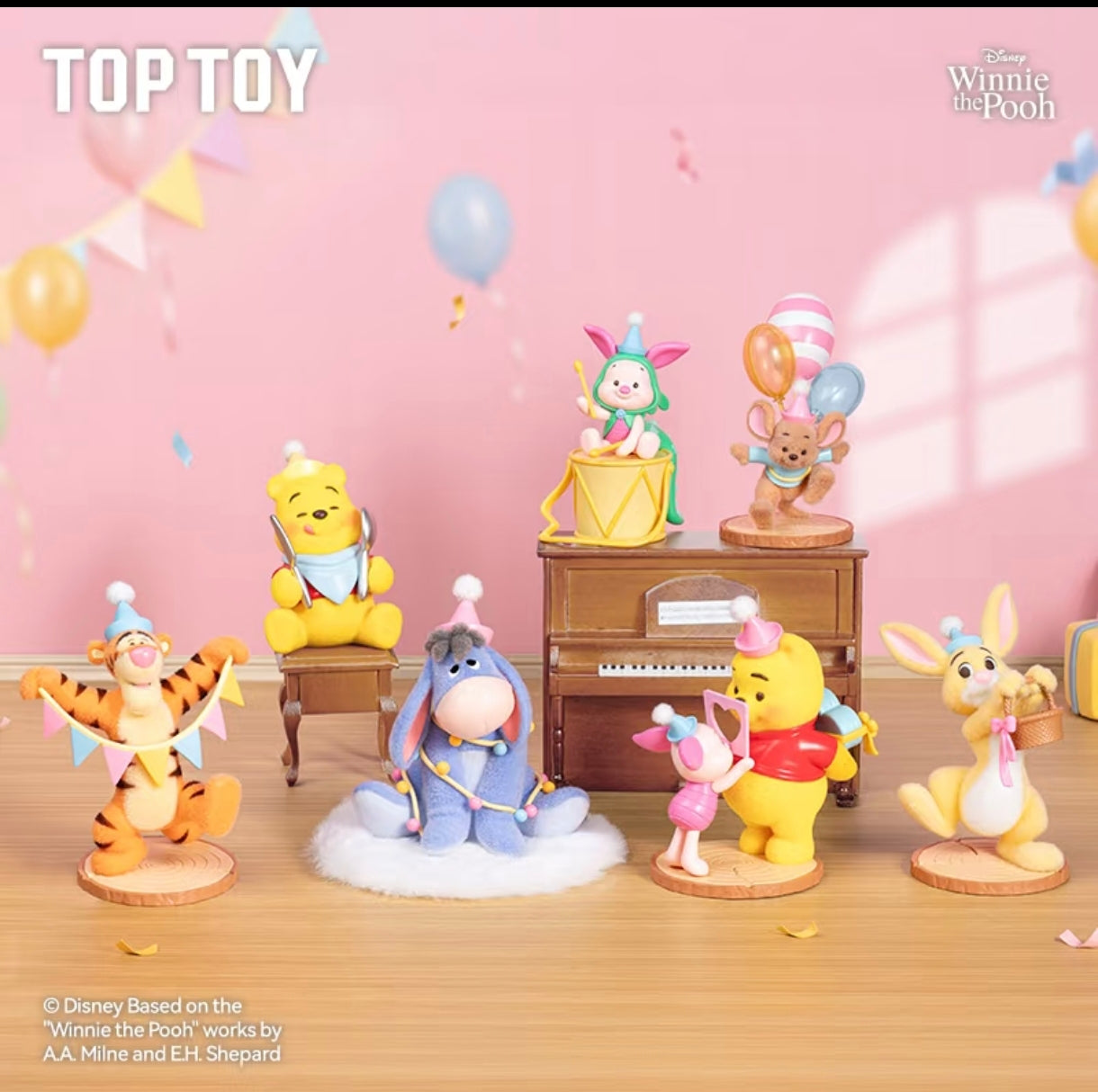Complete set of Winnie the Pooh Fun Party vinyl figures by TOP TOY including Pooh Bear, Tigger, and Piglet