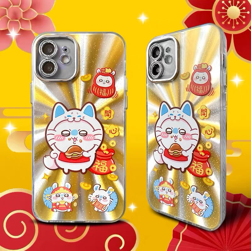 Japanese Cartoon ChiiKawa Folklore Kitsune Gold Laser Case | ChiiKawa Hachiware Usagi Momonga - iPhone Case 11 12 13 14 15 16 16e 17 17e 18 Pro Promax
