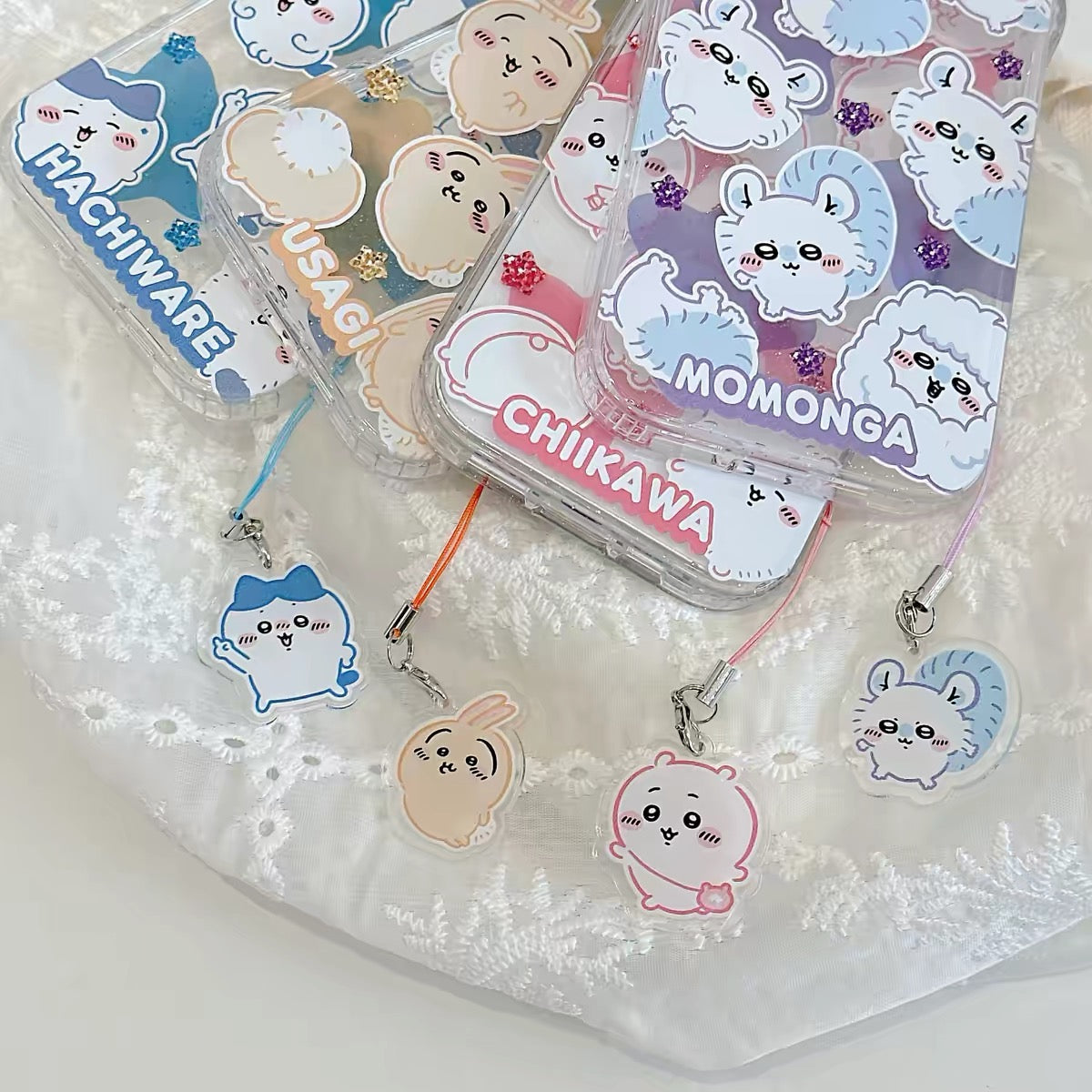 Japanese Cartoon ChiiKawa Gittler Colour Clear Case with Phone Strap | Full Emo Chiikawa Hachiware Usagi Momonga - iPhone Case Plus SE2 11 12 13 14 15 16 16e 17 17e 18 Pro Promax 12mini 13mini