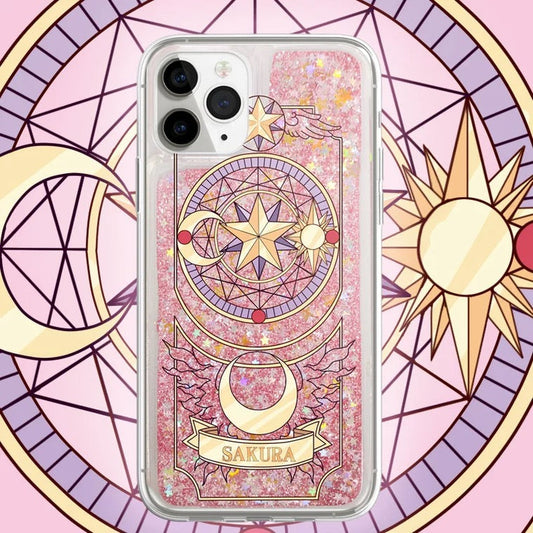 Japanese Anime CardCaptorSakura | Sakura Card Pink Heart Glitter QuickSand - iPhone Case PLUS SE2 XS XR X 11 12 13 14 15 16 16e 17 17e Pro Promax 12mini 13mini