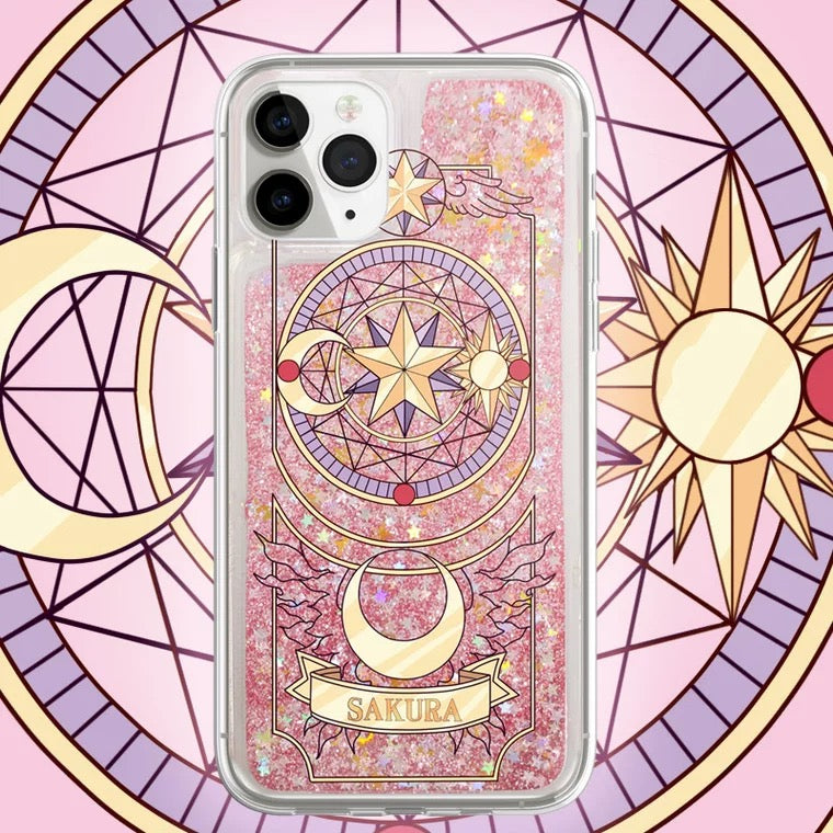 Japanese Anime CardCaptorSakura | Sakura Card Pink Heart Glitter QuickSand - iPhone Case PLUS SE2 XS XR X 11 12 13 14 15 16 16e 17 17e Pro Promax 12mini 13mini