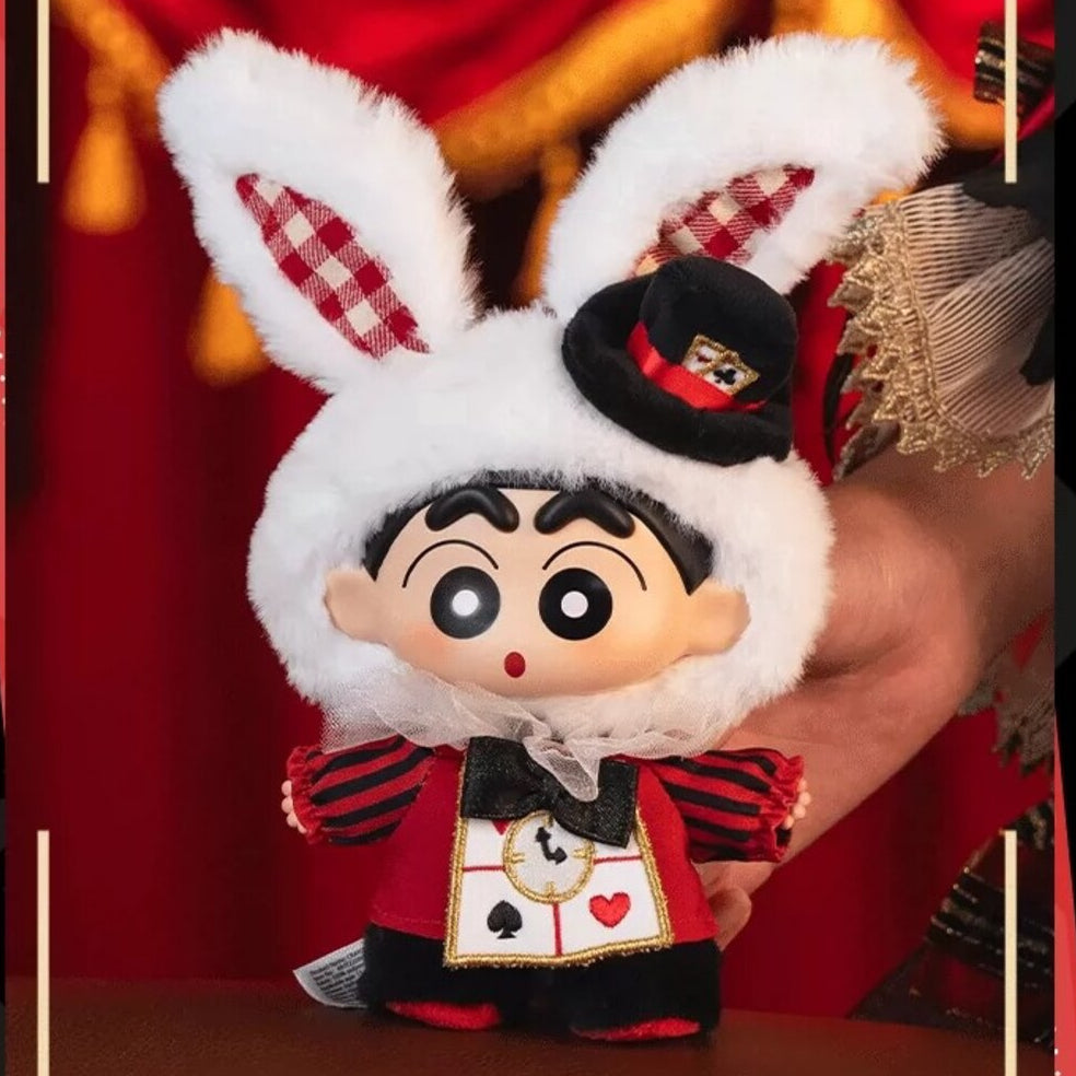 Shin-chan vinyl plush pendant in a white bunny suit with a magician top hat