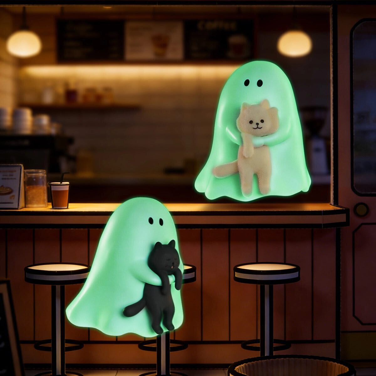 Glowing GHODY ghost and cat pair on cafe bar stools at night, Behold My Cat series