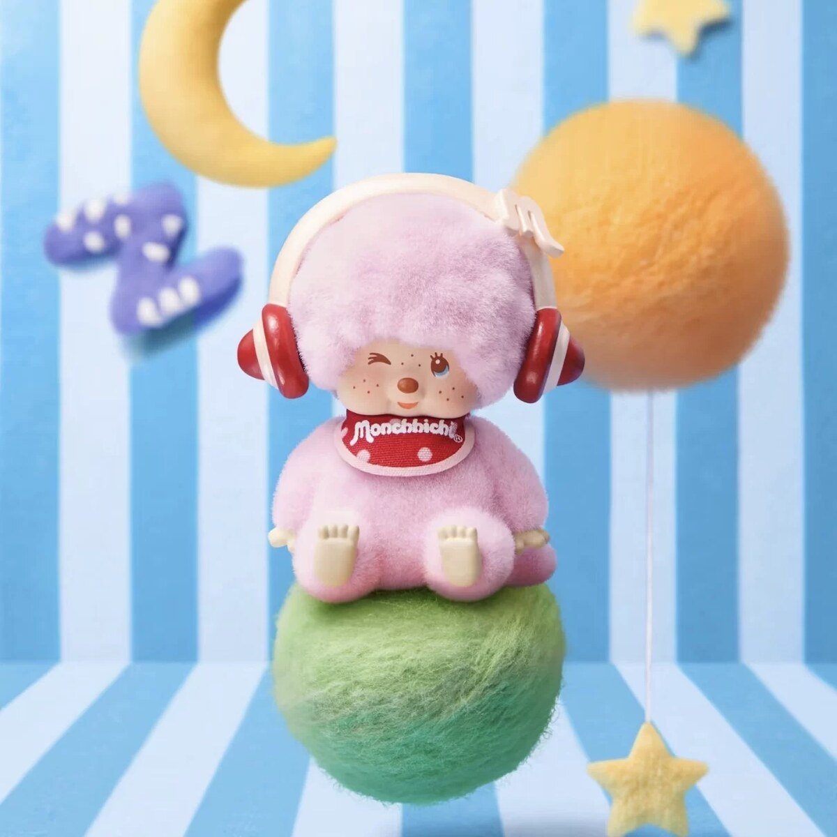 Monchhichi Macarons blind box plush pendant Light Berry Pink design with red headphones