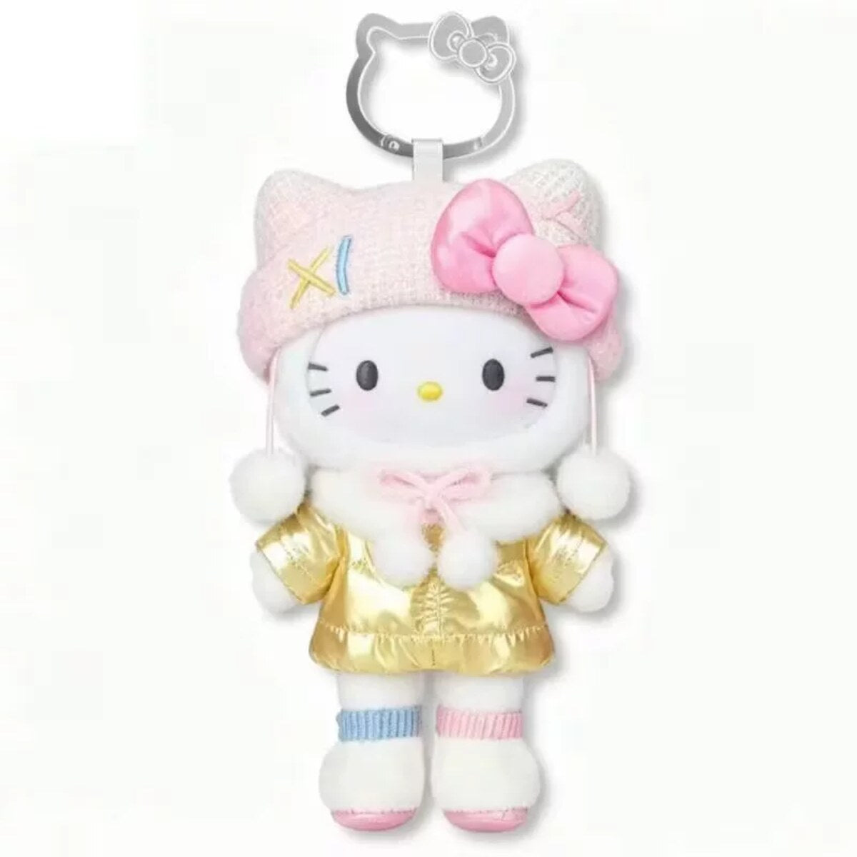 Custard Gummy - Hello Kitty plush pendant in a gold jacket with a pink knit hat and star clip