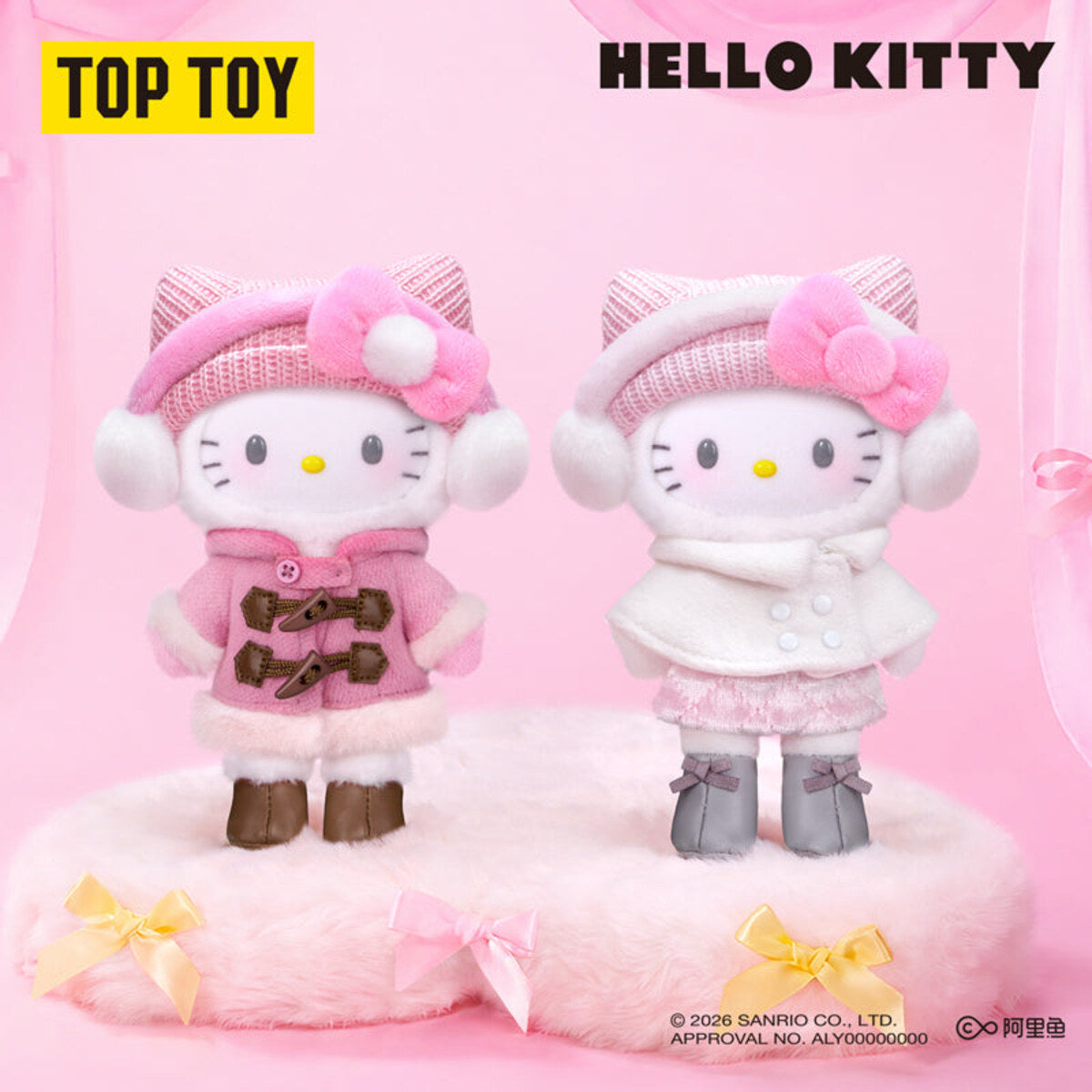 Hello Kitty Heartbeat Photoshoot Series plush pendants in pink and cream knitted coats