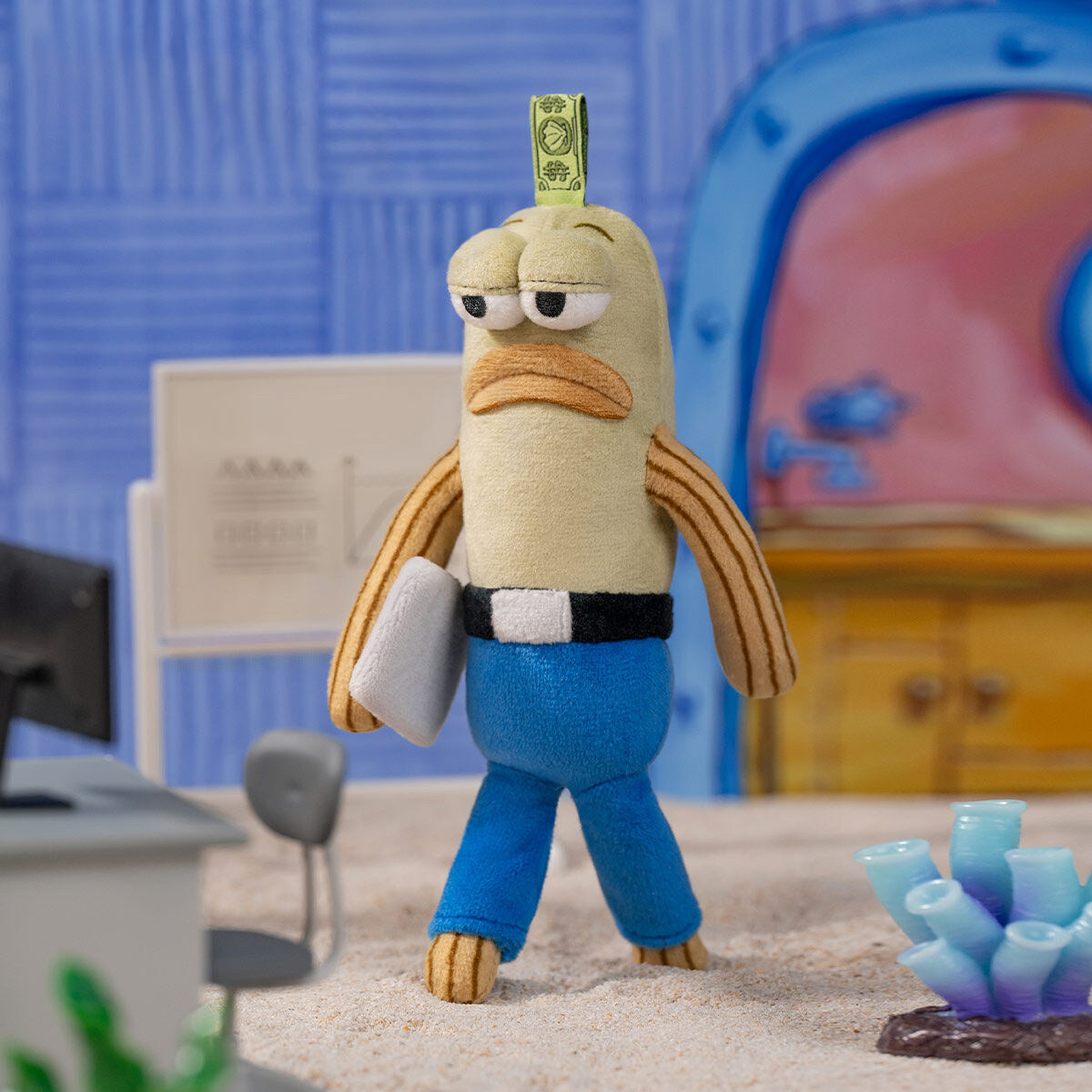 POP MART SpongeBob SquarePants Bikini Bottom Buddies Whimsical Plush - Working Fish design in blue trousers holding a bag