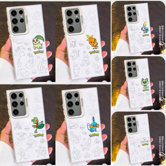 Japanese Cartoon Pokemon Matt & Silver Case Part5 | Chikorita Treecko Torchic Mudkip Sobble Sprigatito Maushold 7 Styles - Phone Case Samsung Galaxy S26 S25 S24 S23 S22 S21 FE Ultra Edge