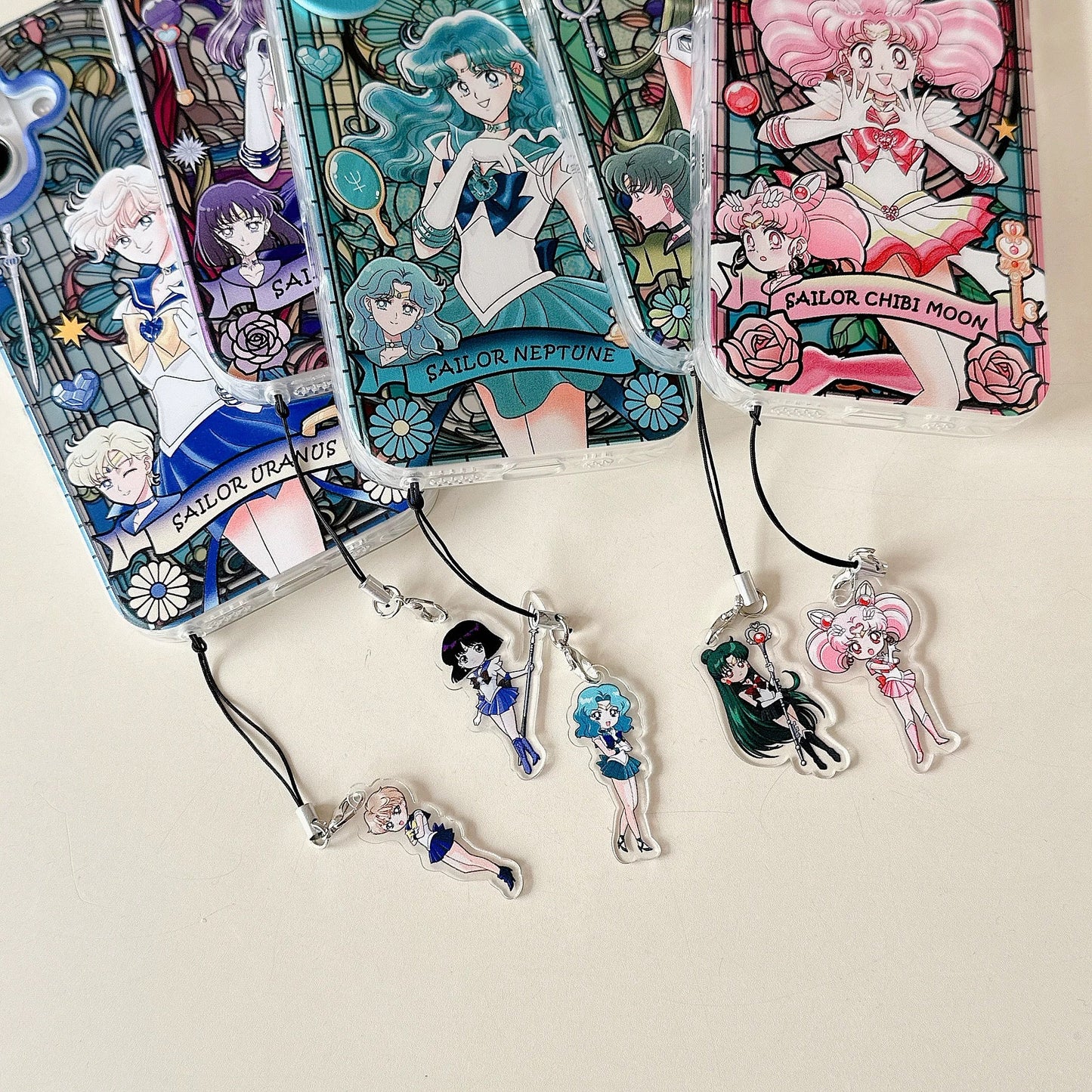 Japanese Cartoon Sailor Moon Phone Case with Strap Comic Version | Laser Glass Window Sailor Uranus Neptune Pluto Saturn Chibi Moon - iPhone Case PLUS SE2 11 12 13 14 15 16 16e 17 17e Pro Promax 12mini 13mini