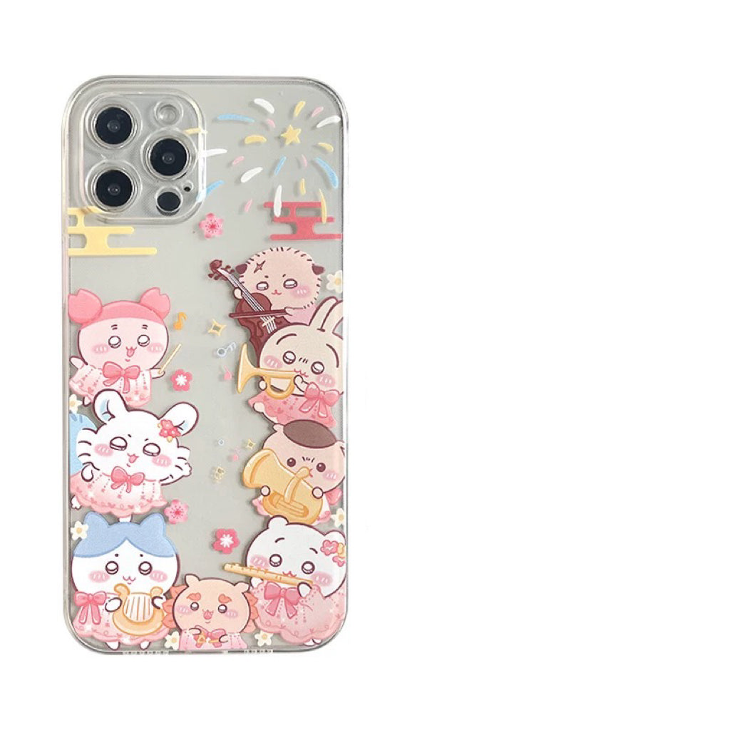 Japanese Cartoon ChiiKawa | Music Party with Firework Chiikawa Hachiware Usagi Momonga Kurimanju Rakko Shisa Crab Clear Laser - iPhone Case 11 12 13 14 15 16 Pro Promax KawaiiGiftLand