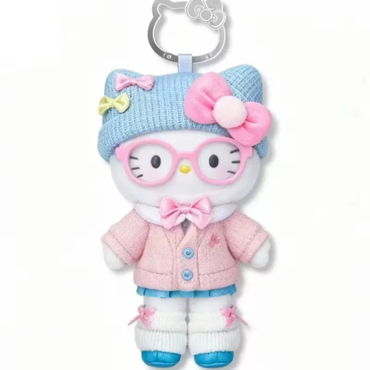 Sweet Dream Roaming - Hello Kitty plush pendant with blue knit hat, pink bow, glasses and pink cardigan