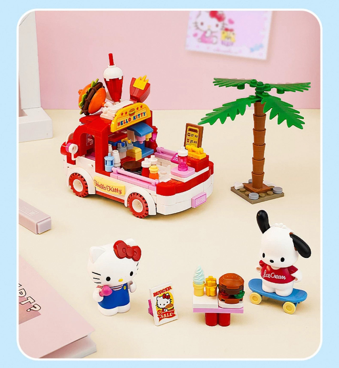 Sanrio Food Truck Series | Hello Kitty Hamburger Car with Hello Kitty Pochacco - Moveable Car Building Blocks Toy Collections KawaiiGiftLand