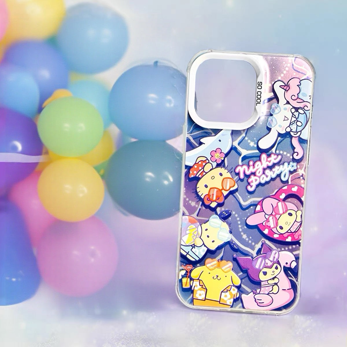 Japanese Cartoon Sanrio Summer Night Party Laser Case | Hello Kitty My Melody Kuromi Cinnamoroll Pompompurin Pochacco - Phone Case Samsung Galaxy S26 S25 S24 S23 S22 S21 FE Ultra Edge