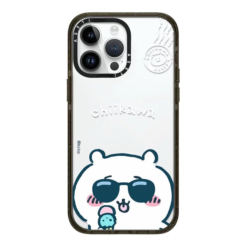 Japanese Cartoon ChiiKawa Clear with Transparent Black Frame Phone Case | ChiiKawa Hachiware Usagi Wear Sunglass and Eating Ice Cream Blue - iPhone Case 12 13 14 15 16 17 Pro Promax