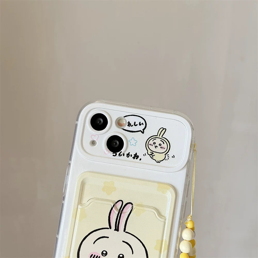 Japanese Cartoon Chiikawa | ChiiKawa Hachiware Usagi Happy Outing with Card Holder & Handle Strap - iPhone Case 11 12 13 14 15 16 17 Pro Promax