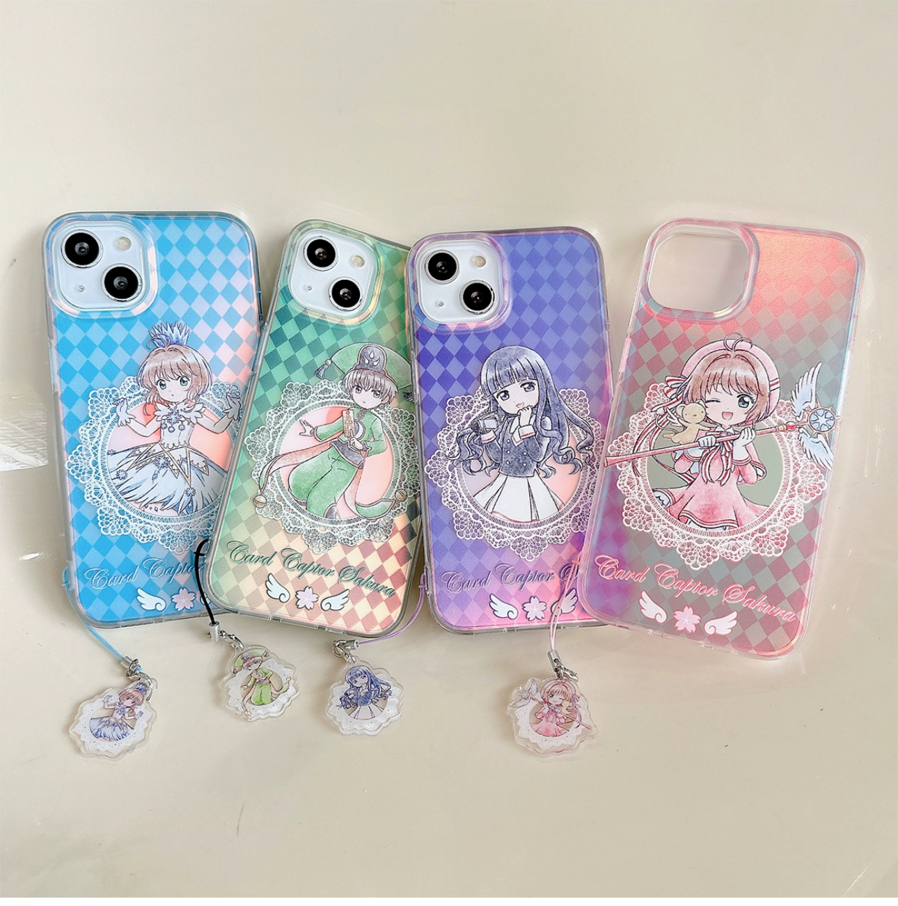 Japanese Cartoon CardCaptorSakura Phone Case with Strap | Laser Sakura Syaoran Tomoyo - iPhone Case PLUS SE2 XS XR X 11 12 13 14 15 16 Pro Promax 12mini 13mini KawaiiGiftLand