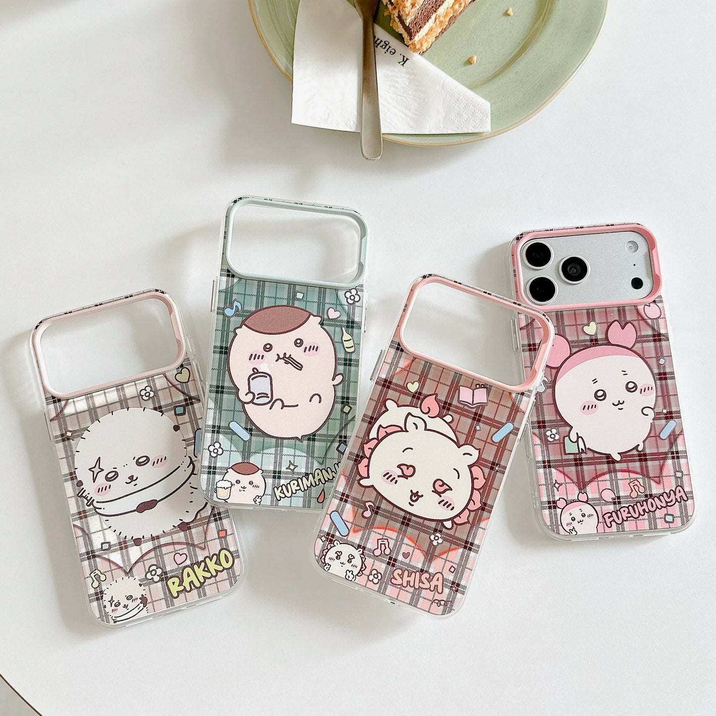 Japanese Cartoon ChiiKawa Laser Phone Case with Strap | Retro Plaid Rakko Kurimanju Shisa Furuhonya - Phone Case Samsung Galaxy S26 S25 S24 S23 S22 S21 FE Ultra Edge