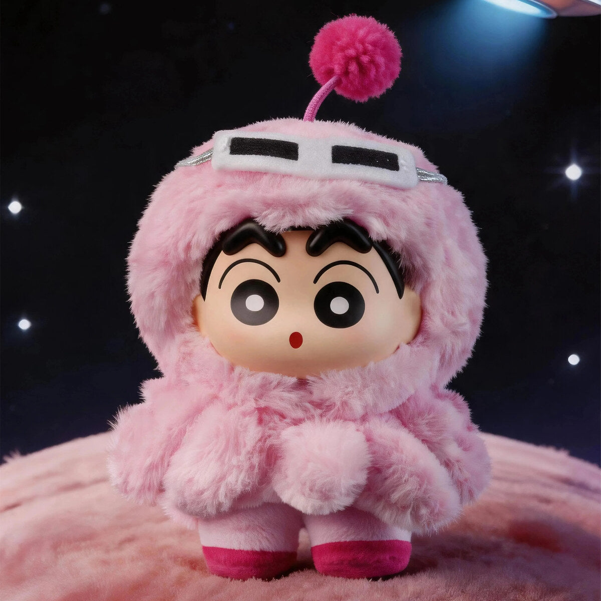 Octopus Shin-chan vinyl plush pendant close-up against a starry night background