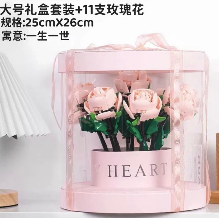 Block Building Romantic Elernal Flowers Bouquet Gift Box | Pink Red Blue White Rose - with LED Lights Valentine Wedding Gift DIY Handmade Gift