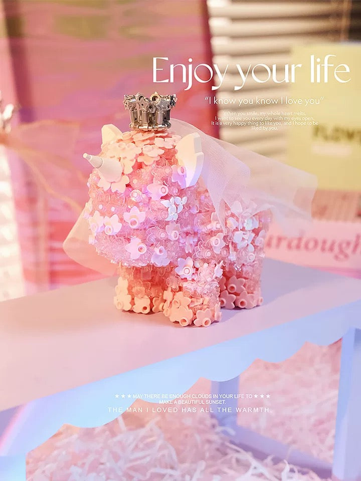 Mini Block Building Flower Unicorn | Pink Purple - with LED Lights Valentine Wedding Gift DIY Handmade Gift