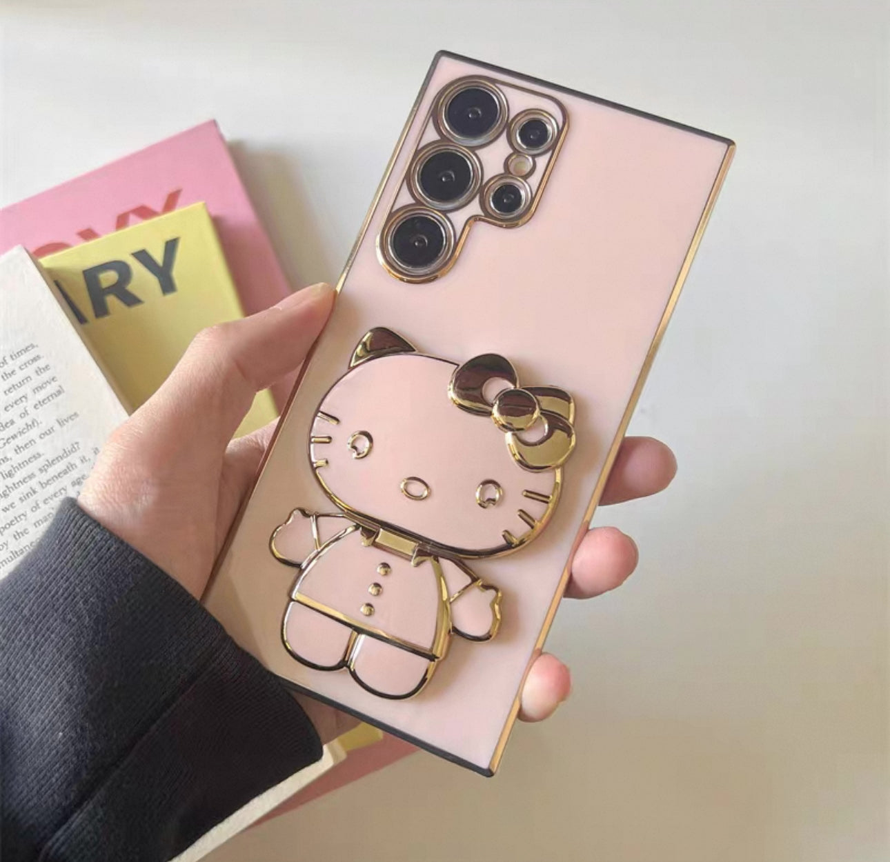 Japan Cartoon | Golden Line Hello Kitty with Phone Mirror Stand - Phone Case Samsung Galaxy S24 S23 S22 Plus Ultra KawaiiGiftLand