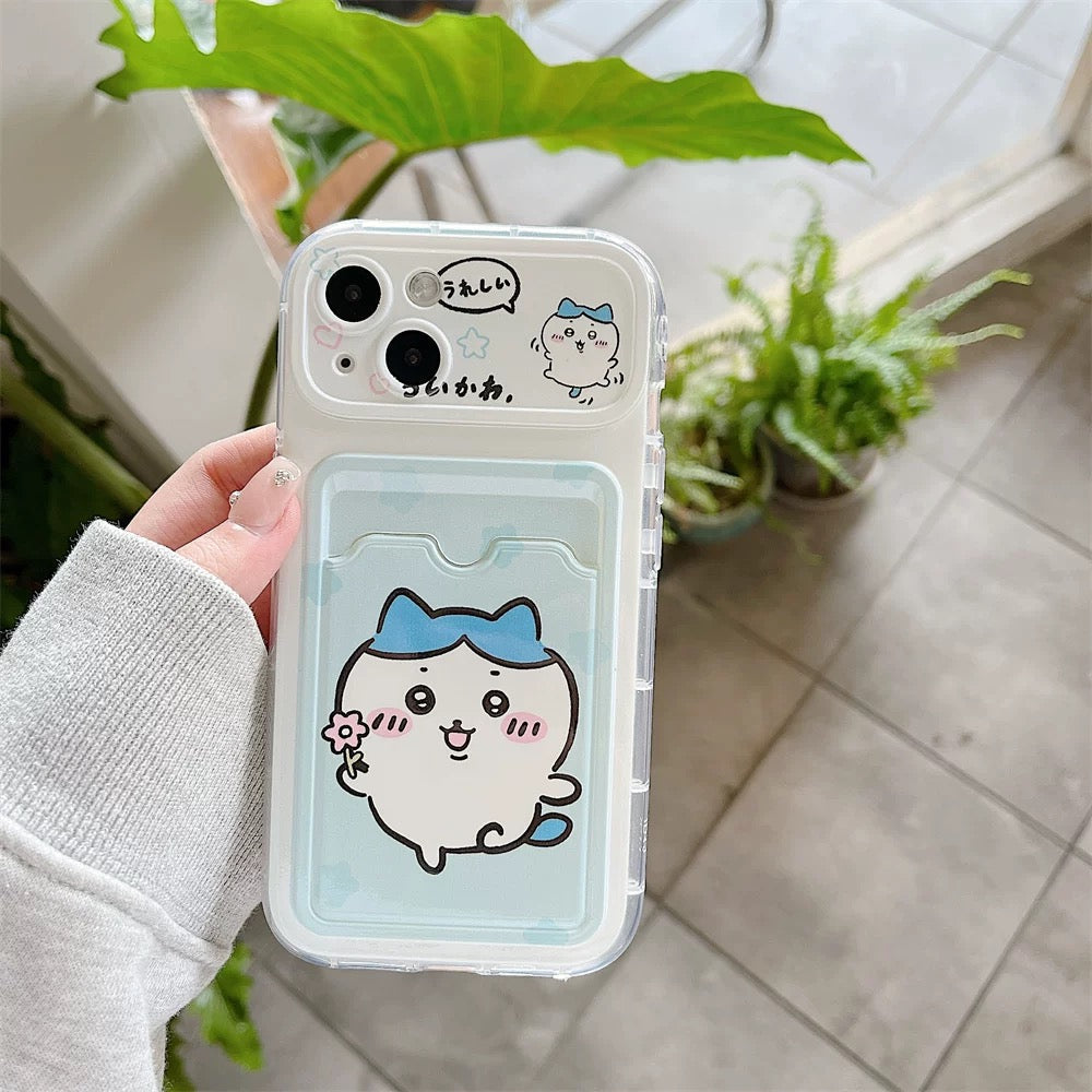 Japanese Cartoon Chiikawa | ChiiKawa Hachiware Usagi Happy Outing with Card Holder & Handle Strap - iPhone Case 11 12 13 14 15 16 17 Pro Promax