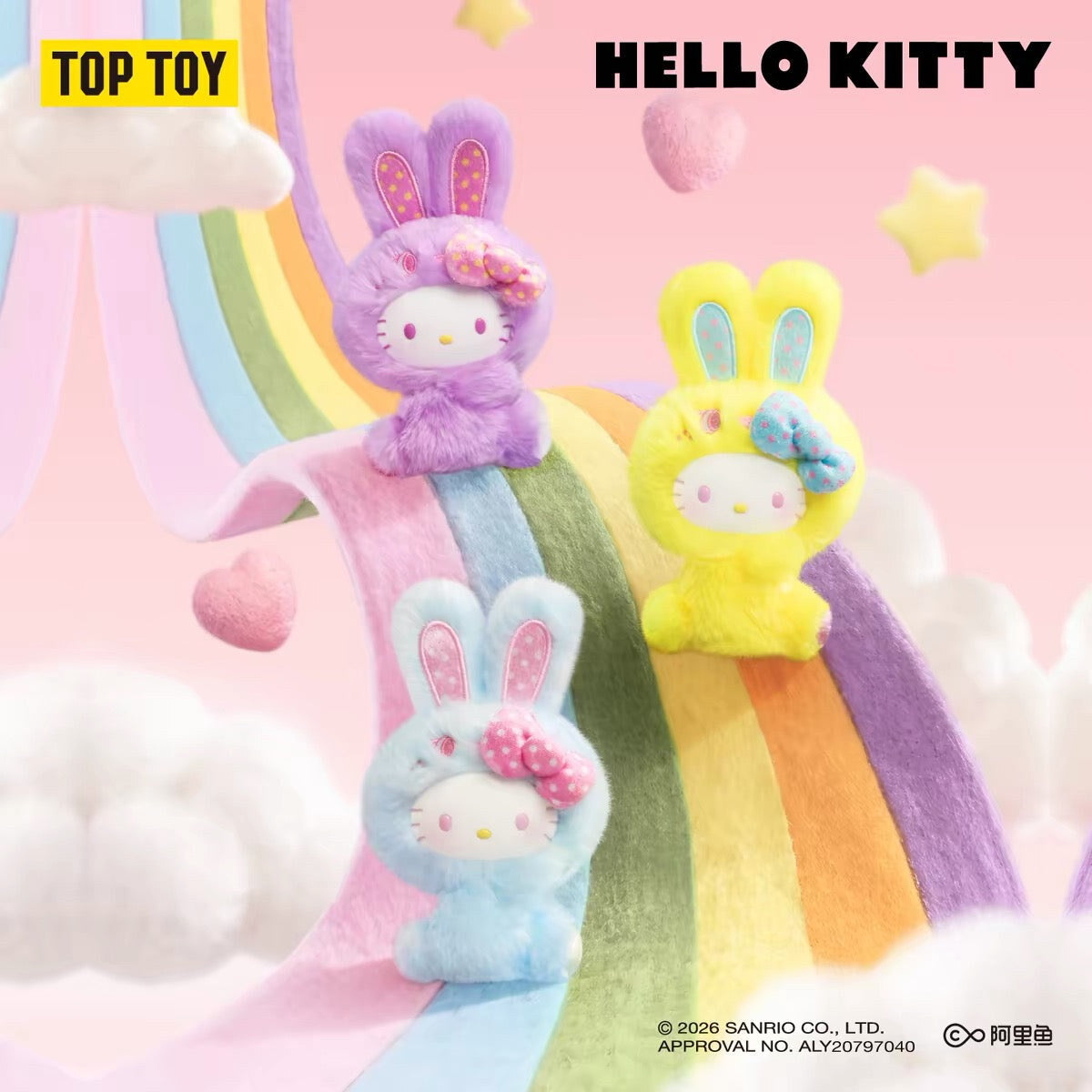 TOPTOY x Sanrio Hello Kitty Rainbow Bunny official promo - lavender, cream yellow and sky blue bunny pendants sliding down a rainbow