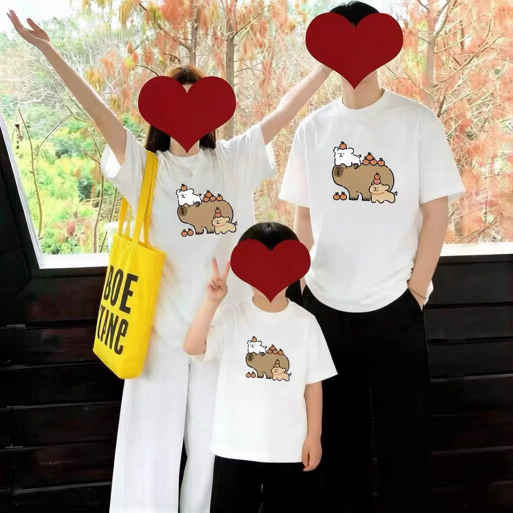 Cute Cartoon Doggie Maltese Puppy Style T-Shirt Series | Maltese Play with Capybara - Kawaii Fashion Items for Child & Adult Matching outfits for Parents and Children