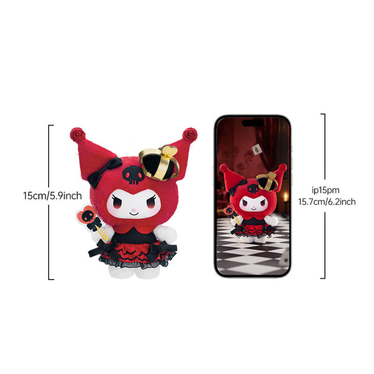 Kuromi Poker Kingdom plush pendant size guide, approximately 15 cm or 5.9 inches tall
