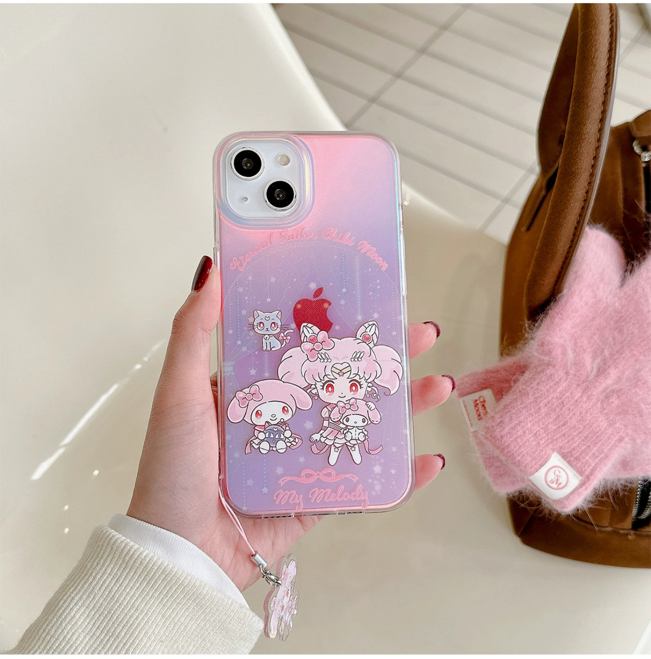 Japanese Cartoon iPhone Case with Strap | Laser Sailor Girl X My Melody Piano Marron Cream - iPhone Case Phone Case 7 8 PLUS SE2 XS XR X 11 12 13 14 15 16 Pro Promax 12mini 13mini KawaiiGiftLand