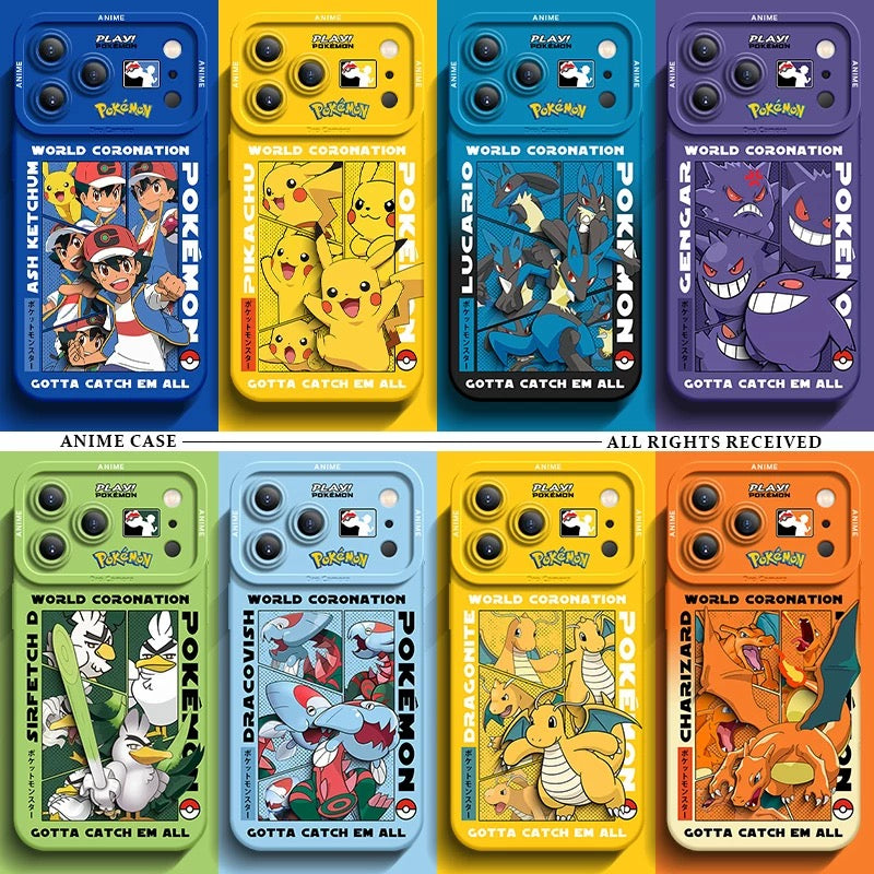 Japanese Cartoon Pokemon Silicone Case World Coronation | Ash Ketchum Pikachu Lucario Sirfetchd Dracovish Dragonite Charizard - iPhone Case PLUS SE2 XS XR X 11 12 13 14 15 16 16e 17 17e Pro Promax 12mini 13mini
