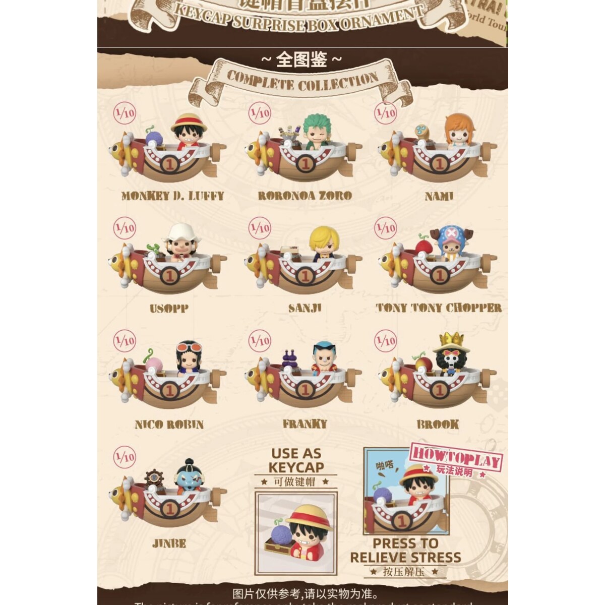 MINISO One Piece Straw Hat Crew Assemble Series keycap blind box case art showing all 10 crew members