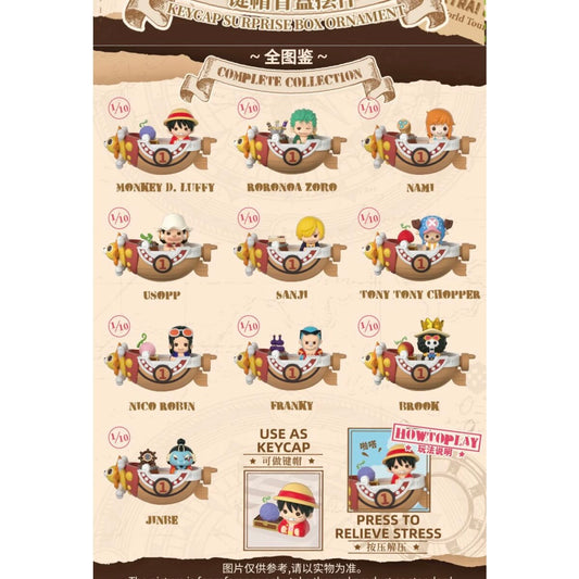 MINISO One Piece Straw Hat Crew Assemble Series keycap blind box case art showing all 10 crew members