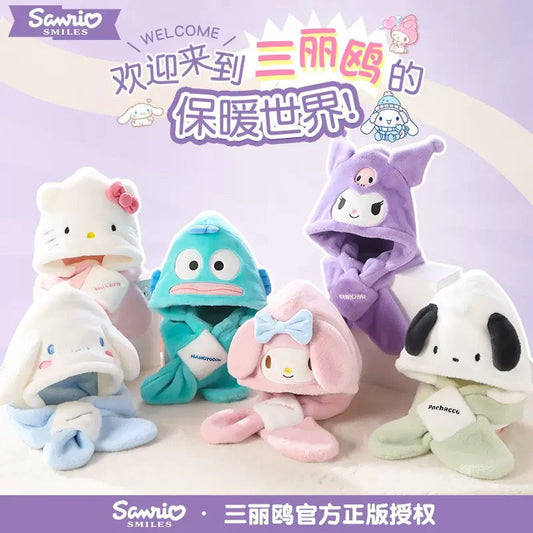 Sanrio Hat with Scarf Hat | Hello Kitty My Melody Kuromi Cinnamoroll Pochacco Hangyodon - Winter Warm Accessory Outfits