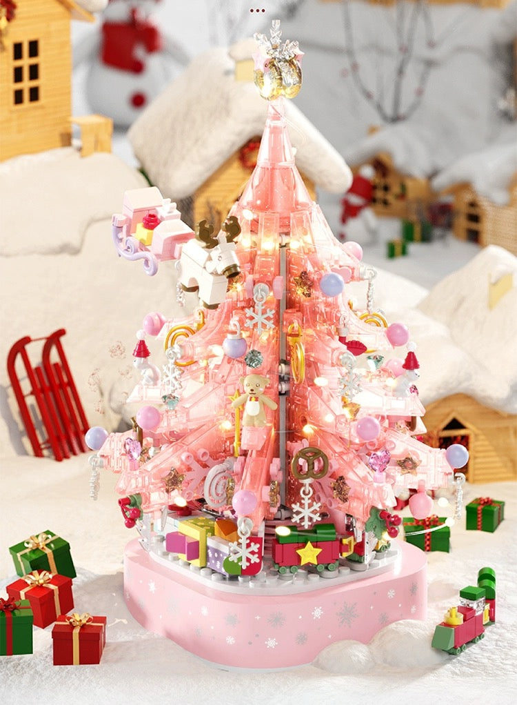 Mini Block Building Crystal Christmas Tree Music Box | Pink - DIY Handmade Xmas Gift KawaiiGiftLand