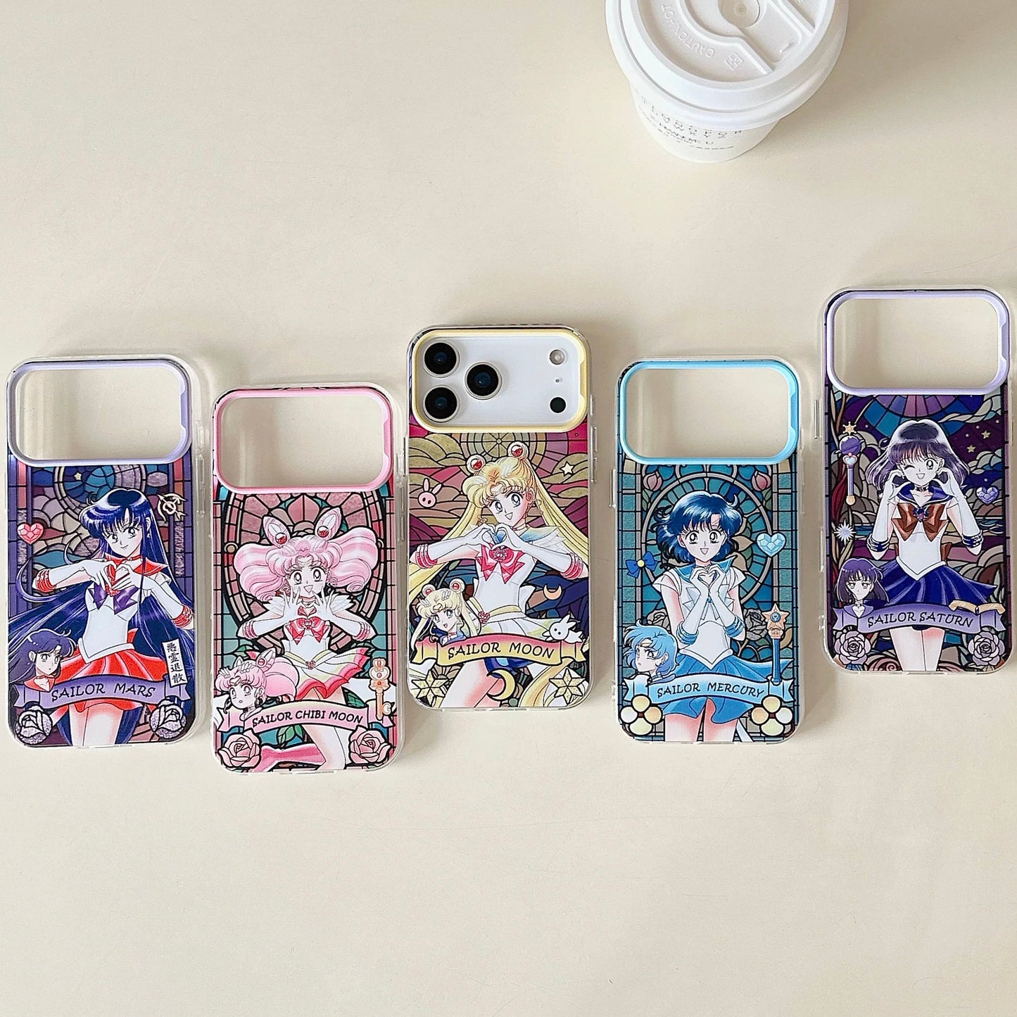 Japanese Cartoon Sailor Moon Phone Case with Strap Comic Version | Laser Glass Window Sailor Uranus Neptune Pluto Saturn Chibi Moon - iPhone Case PLUS SE2 11 12 13 14 15 16 16e 17 17e Pro Promax 12mini 13mini