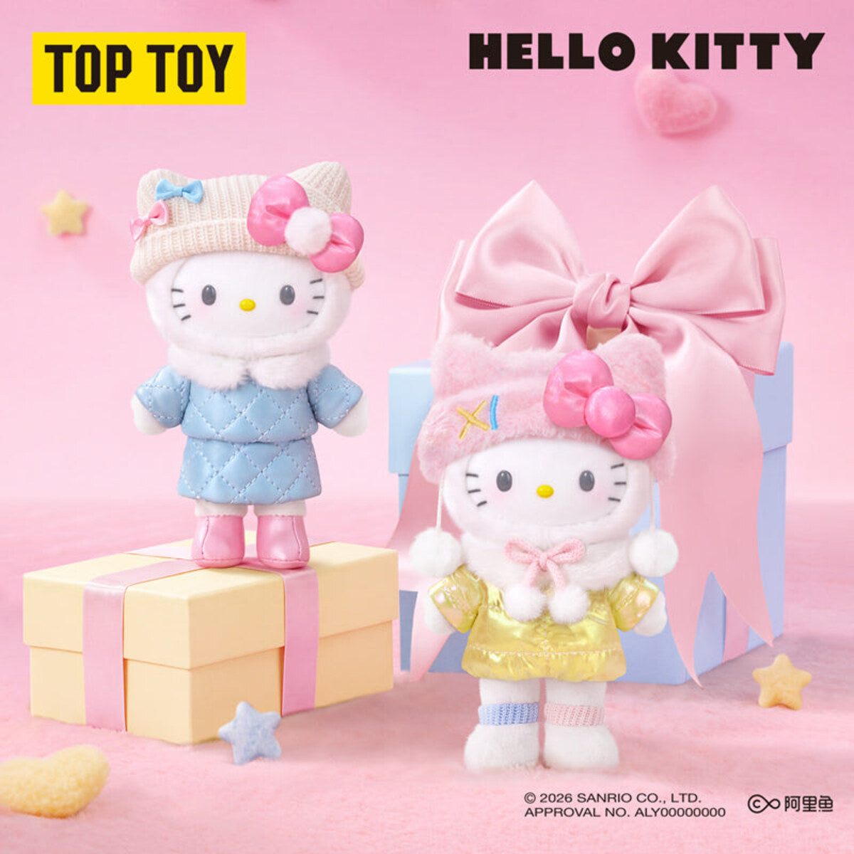 Hello Kitty Heartbeat Photoshoot Series plush pendants in knitted outfits with a pink gift box
