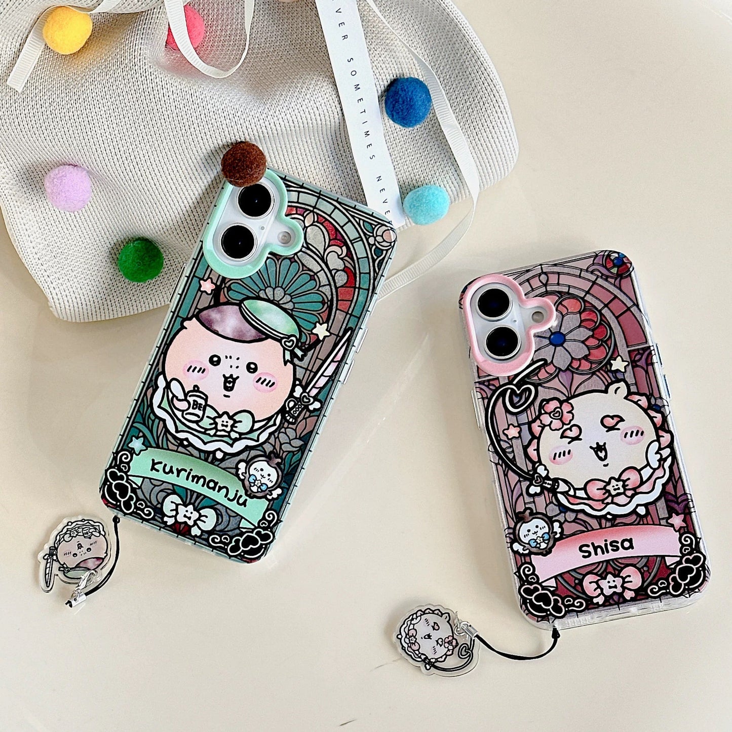 Japanese Cartoon iPhone Case with Strap | Laser Magical Girl with Glass Window Kurimanju Rakko Shisa Furuhonya Magic - iPhone Case 7 8 PLUS SE2 XS XR X 11 12 13 14 15 Pro Promax 12mini 13mini KawaiiGiftLand