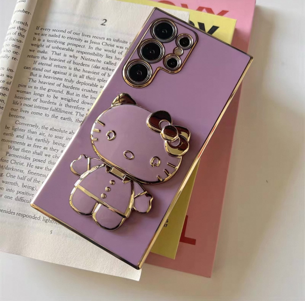 Japan Cartoon | Golden Line Hello Kitty with Phone Mirror Stand - Phone Case Samsung Galaxy S24 S23 S22 Plus Ultra KawaiiGiftLand