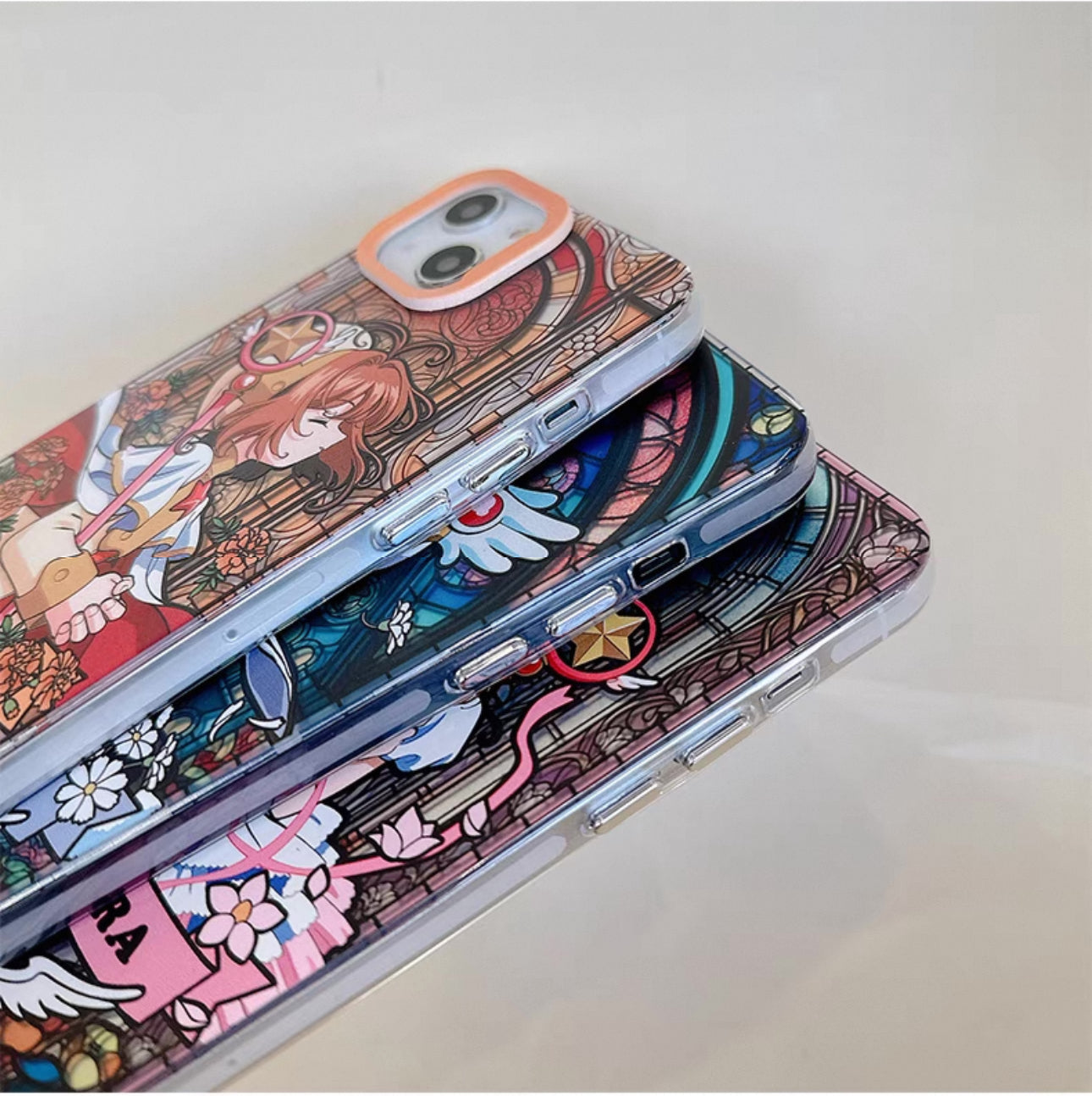 Japanese Cartoon CardCaptorSakura Glass Window Version with Strap & Stand | Pink Orange Purple - iPhone Case 6 7 8 PLUS SE2 XS XR X 11 12 13 14 15 Pro Promax 12mini 13mini KawaiiGiftLand