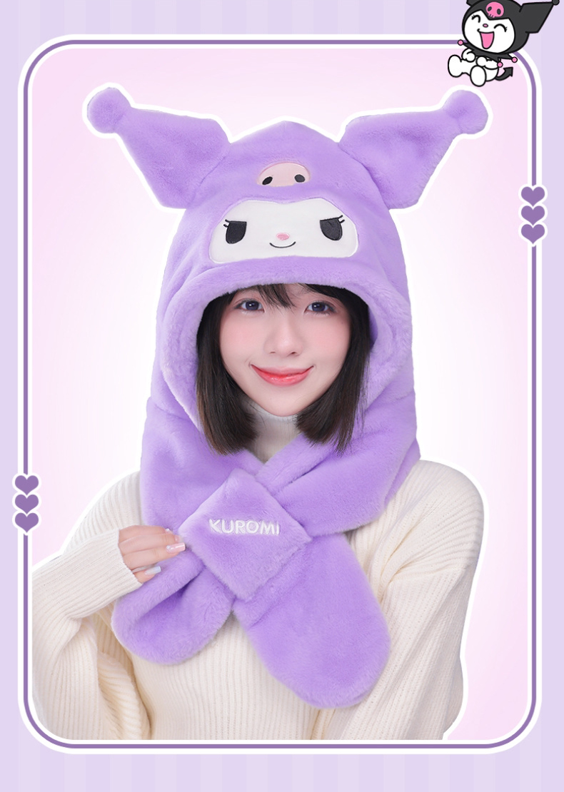 Sanrio Hat with Scarf Hat | Hello Kitty My Melody Kuromi Cinnamoroll Pochacco Hangyodon - Winter Warm Accessory Outfits KawaiiGiftLand