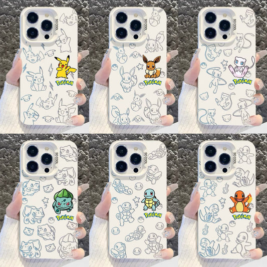Japanese Cartoon Pokemon Matt & Silver Case Part1 | Pikachu Eevee Mew Bulbasaur Squirtle Charmander 6 Styles - iPhone Case PLUS SE2 XS XR X 11 12 13 14 15 16 16e 17 17e Pro Promax 12mini 13mini