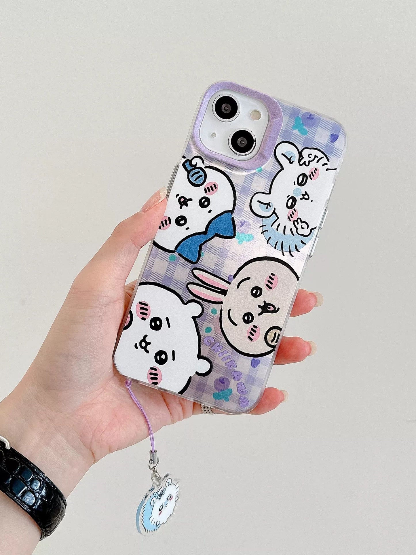 Japanese Cartoon iPhone Case with Strap | Laser Playing Group ChiiKawa Hachiware Usagi Momonga - iPhone CasePhone Case  7 8 PLUS SE2 XS XR X 11 12 13 14 15 Pro Promax 12mini 13mini KawaiiGiftLand