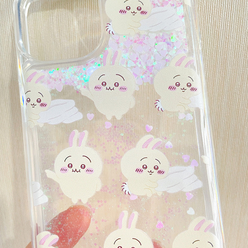 Japanese Cartoon Chiikawa Kawaii FullScreen | ChiiKawa Hachiware Usagi Glitter QuickSand iPhone Case 6 7 8 PLUS SE2 XS XR X 11 12 13 14 15 16 Pro Promax 12mini 13mini KawaiiGiftLand