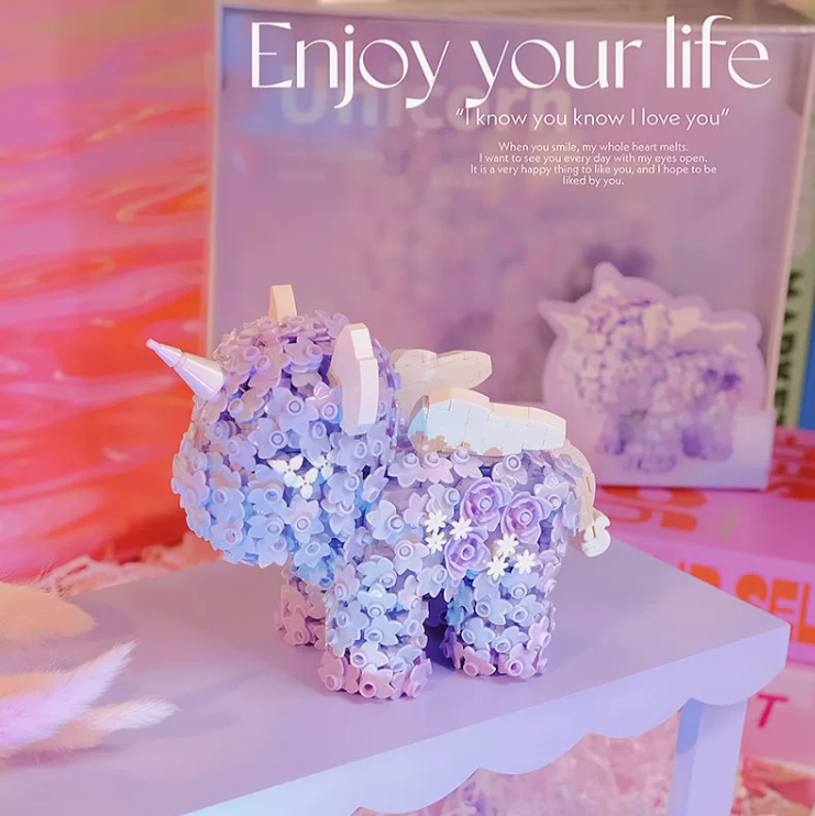 Mini Block Building Block Flower Unicorn | Pink Purple - with LED Lights Valentine Wedding Gift DIY Handmade Gift