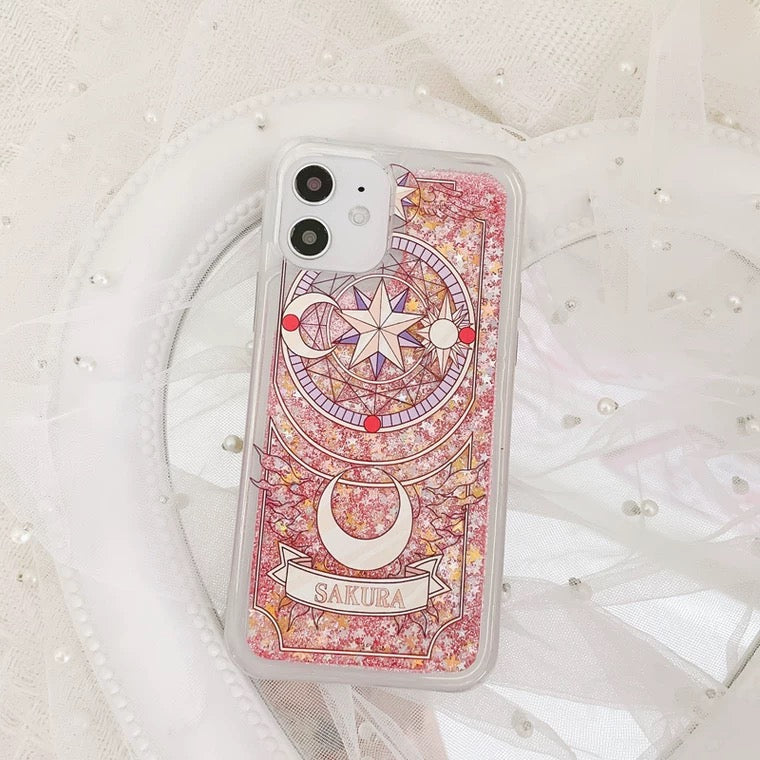 Japanese Anime CardCaptorSakura Sakura Card- Pink Heart Glitter QuickSand iPhone Case 6 7 8 PLUS SE2 XS XR X 11 12 13 14 15 Pro Promax 12mini 13mini