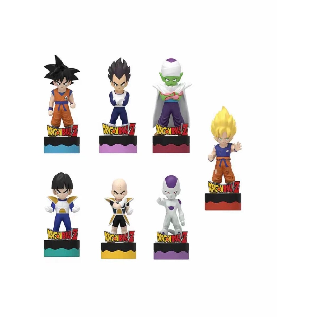 Seven DRAGON BALL Z mini figure stamp blind box designs lined up together